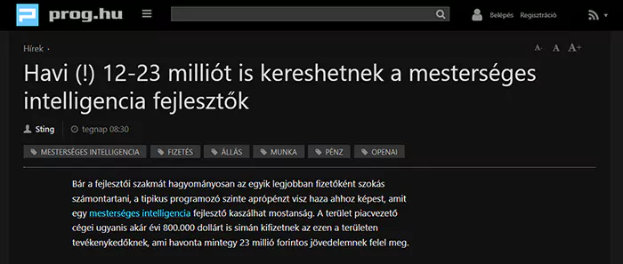 magas A.I. fejleszto fizetesek